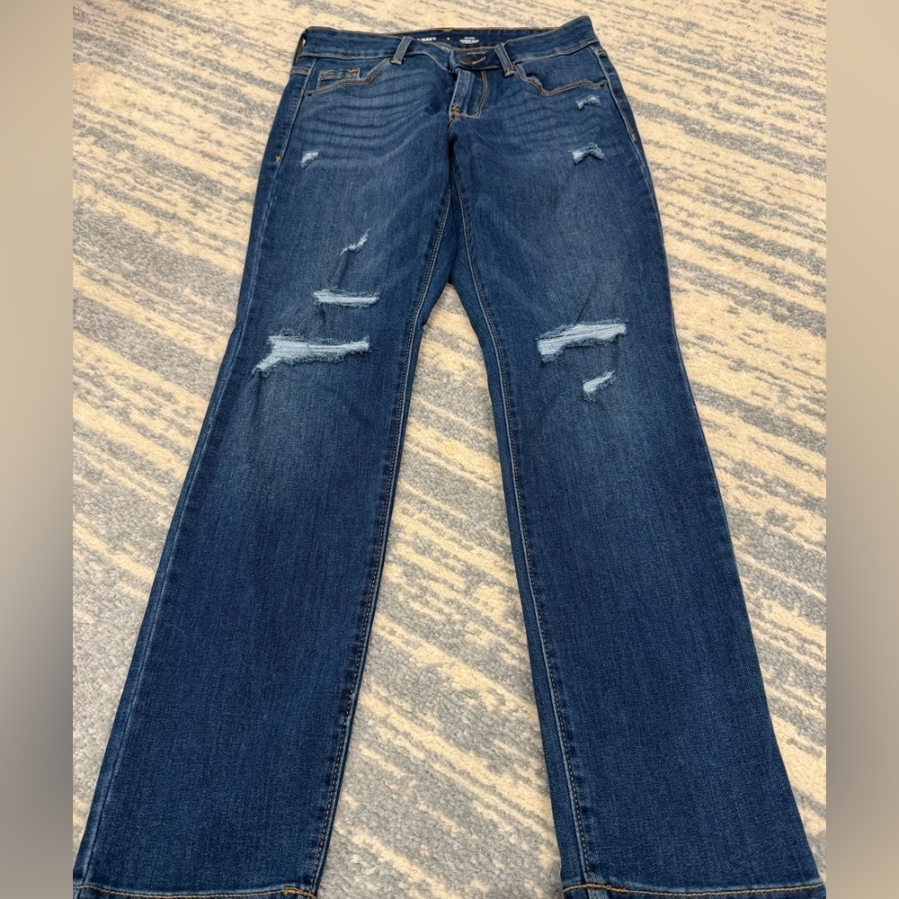Old Navy Women's Straight Leg Distressed Jeans - Dark Blue